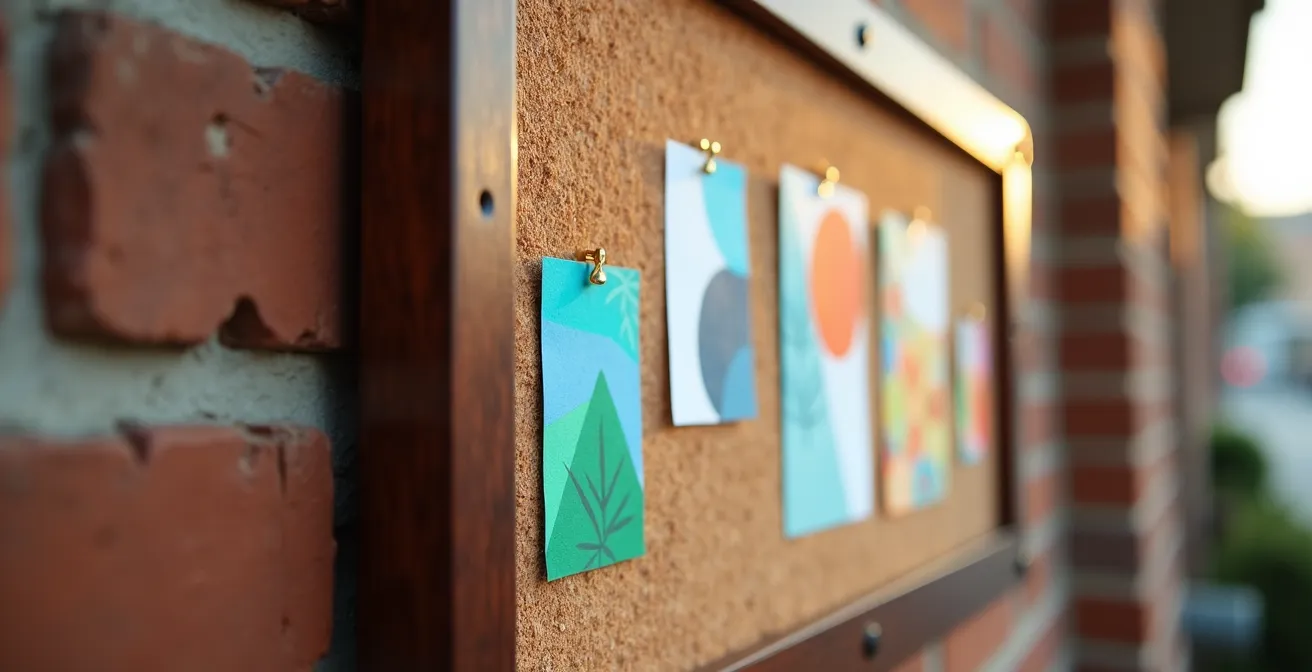 Community bulletin board with effective design elements for public announcements