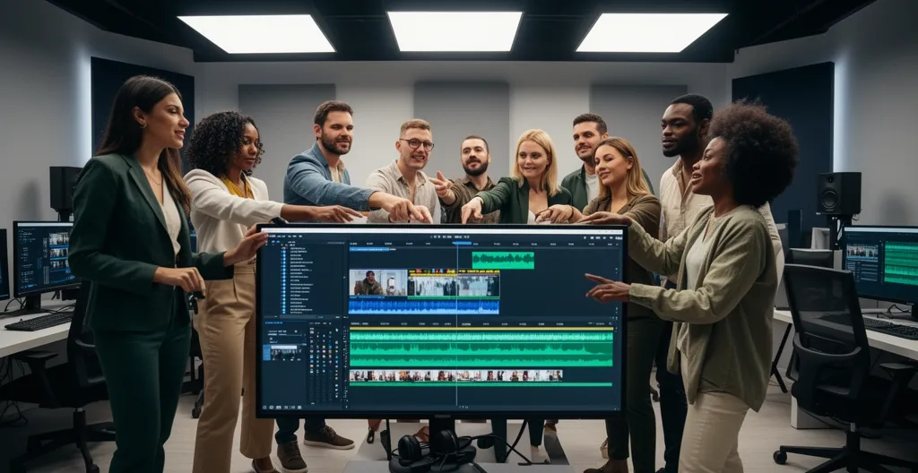 Video production team collaborating in creative studio discussing edit decisions